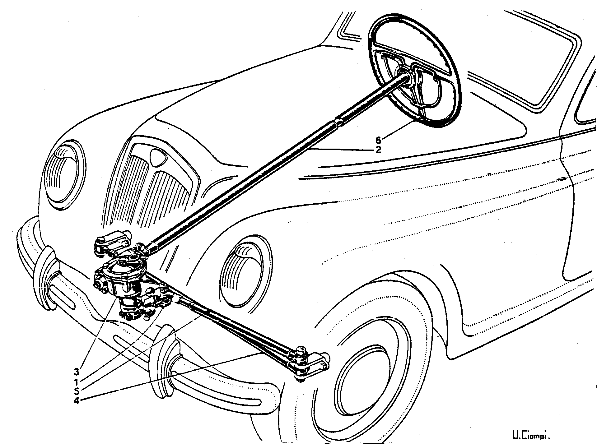 A black and white drawing of a car with a steering wheel.