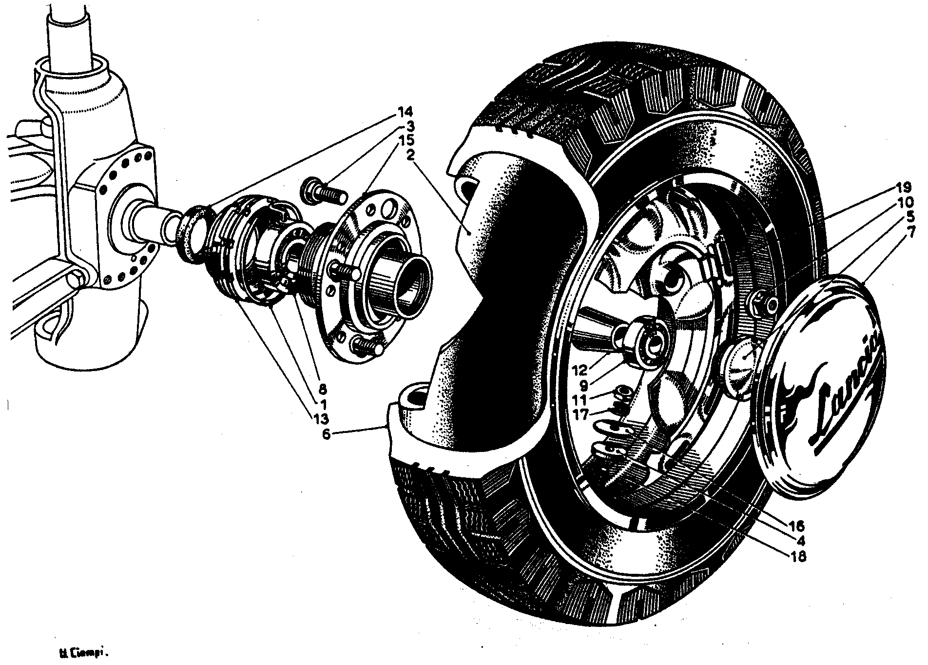 A black and white drawing of a wheel with a brake system.