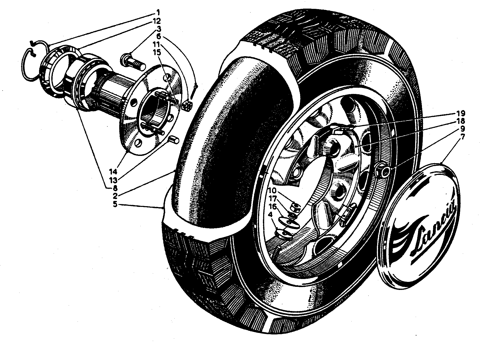 A black and white drawing of a car wheel