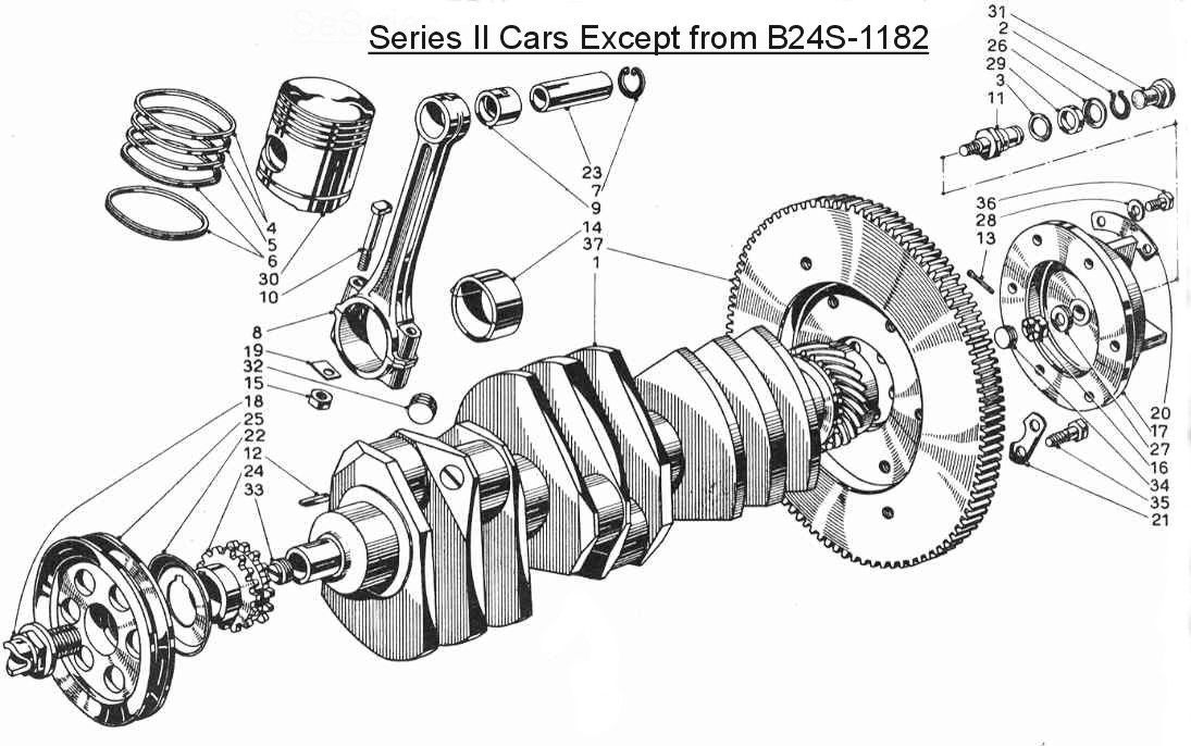 A black and white drawing of a crankshaft with pistons and bearings.