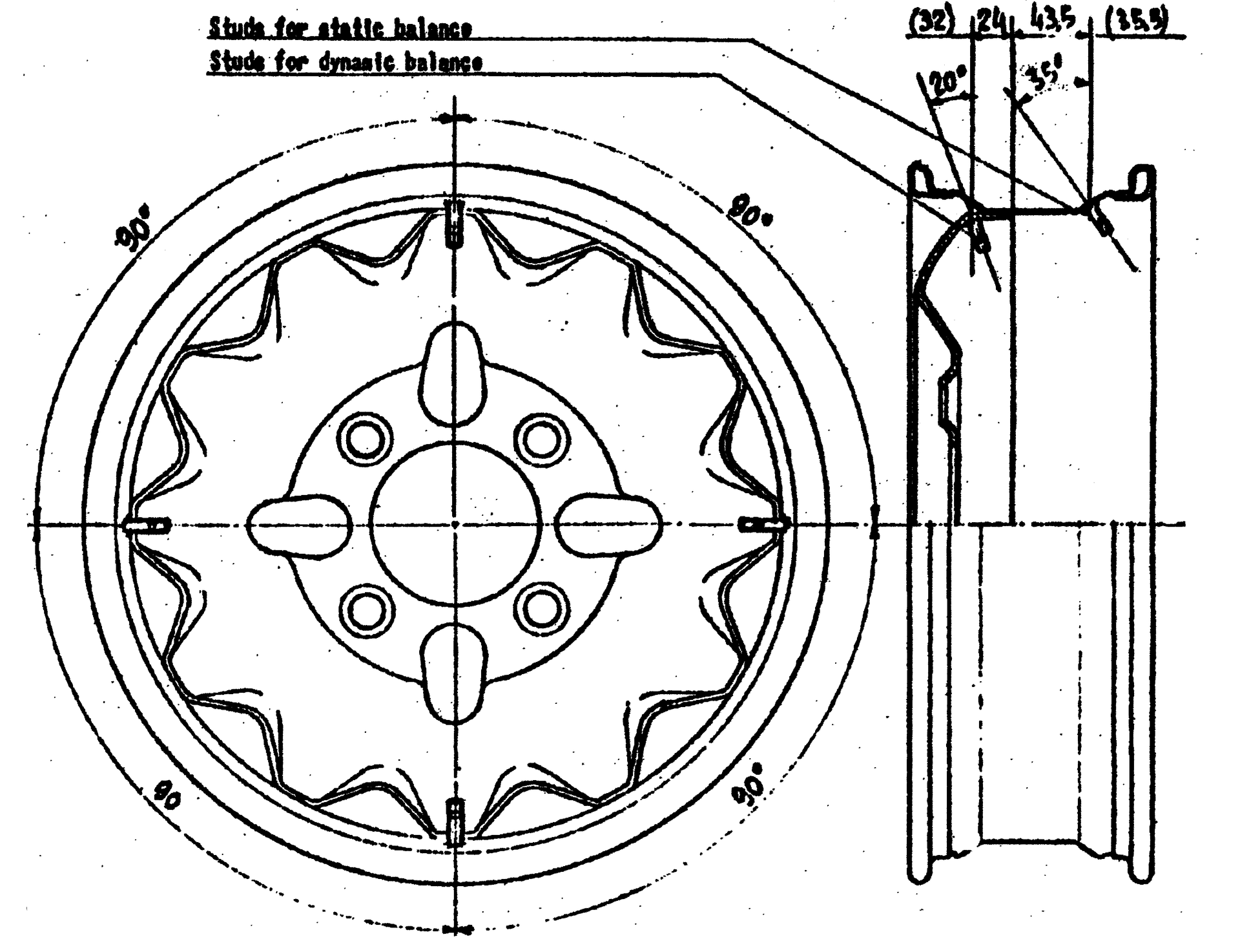 A black and white drawing of a wheel with a brake system.