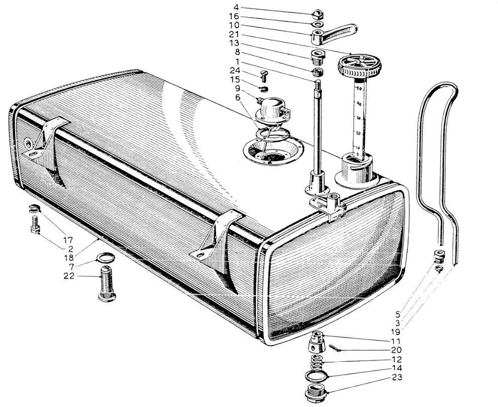 A black and white drawing of a fuel tank with various parts.