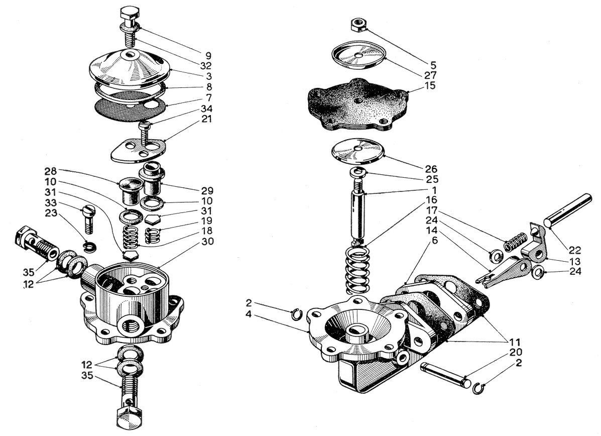 A black and white drawing of a carburetor on a white background.