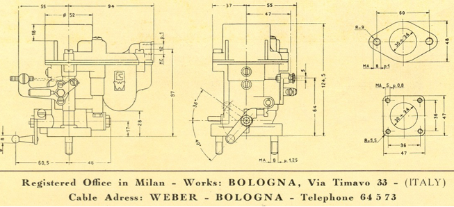 A drawing of a bologna carburetor with measurements