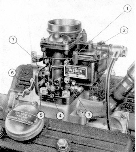 A black and white photo of a carburetor on a car engine.
