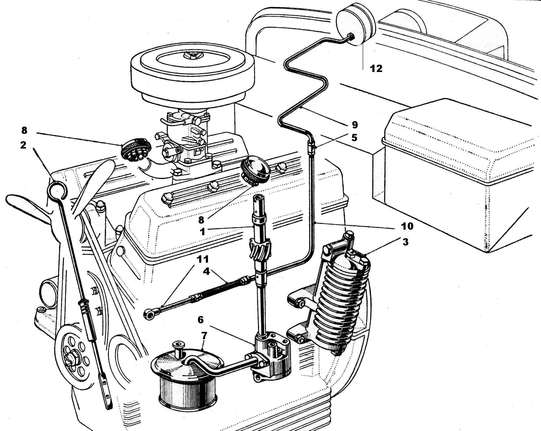 A black and white drawing of a car engine.