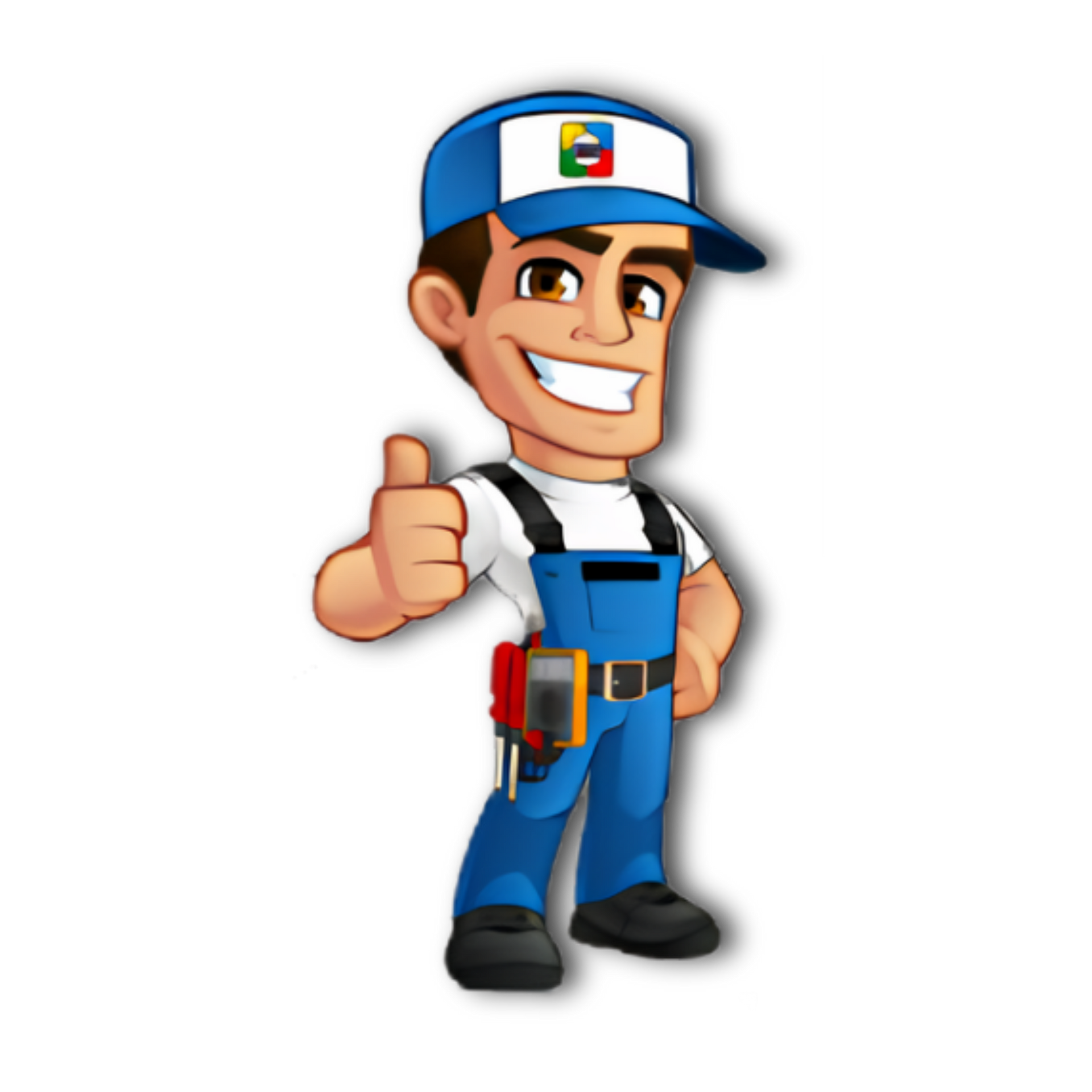 A smiling technician in blue overalls and a matching cap gives a thumbs-up, wearing a utility belt with tools.
