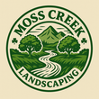 Moss Creek Landscaping logo: Green circular design with a creek, trees, and mountains.