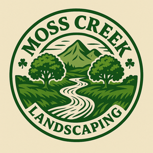 Moss Creek Landscaping logo: Green circular design with a creek, trees, and mountains.