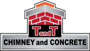Logo for T and T Chimney and Concrete. Features a chimney design with red brick, black letters.