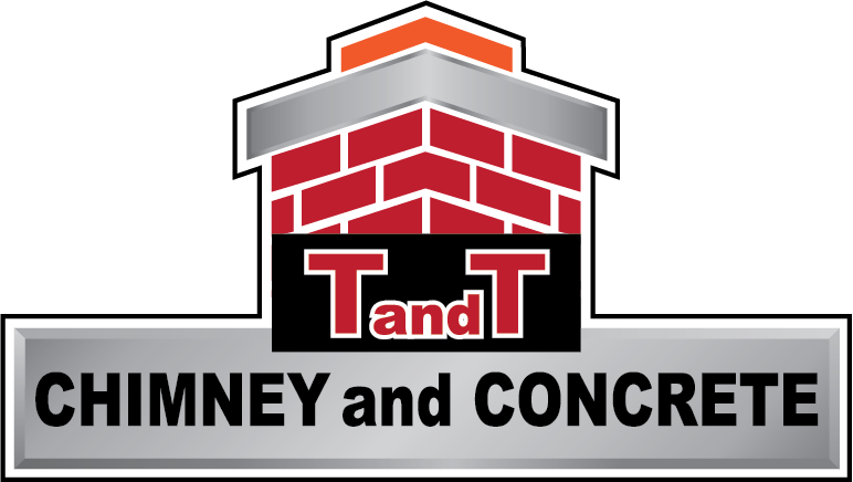 Logo for T and T Chimney and Concrete. Features a chimney design with red brick, black letters.