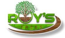 The logo for roy 's trees has a tree on it.