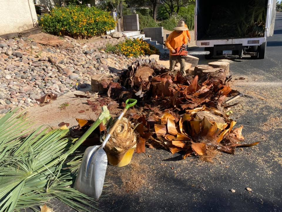 A man is standing next to a pile of leaves and a shovel.