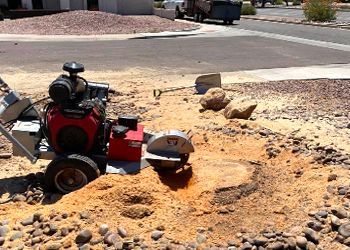 A lawn mower is sitting in the dirt next to a tree stump.