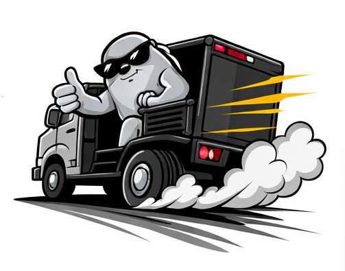 Cartoon figure in sunglasses giving a thumbs-up while driving a black delivery truck. Smoke trail.
