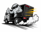 Cartoon figure in sunglasses giving a thumbs-up while driving a black delivery truck. Smoke trail.