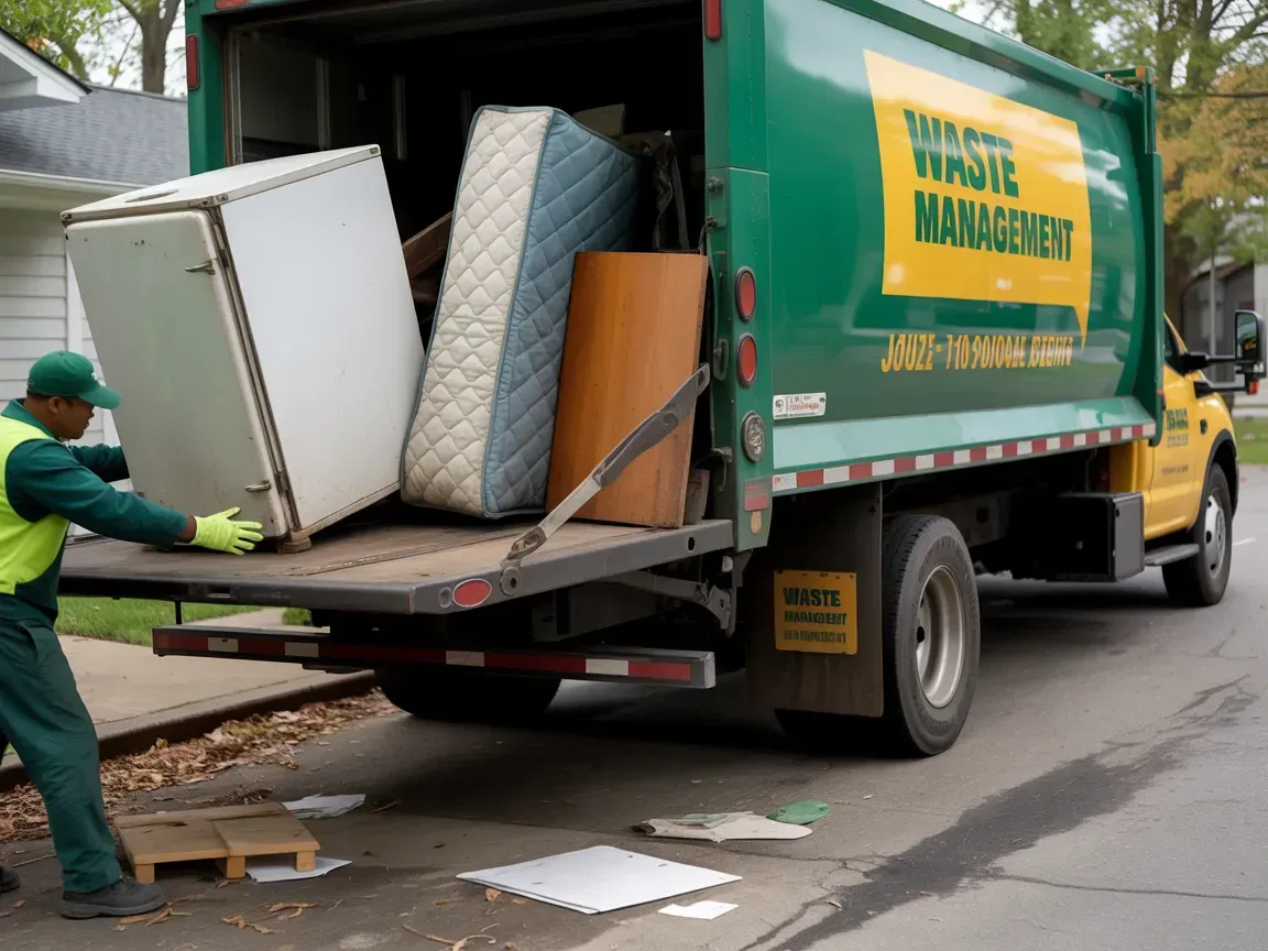 Waste Management truck being loaded with discarded furniture by a worker in a green uniform.