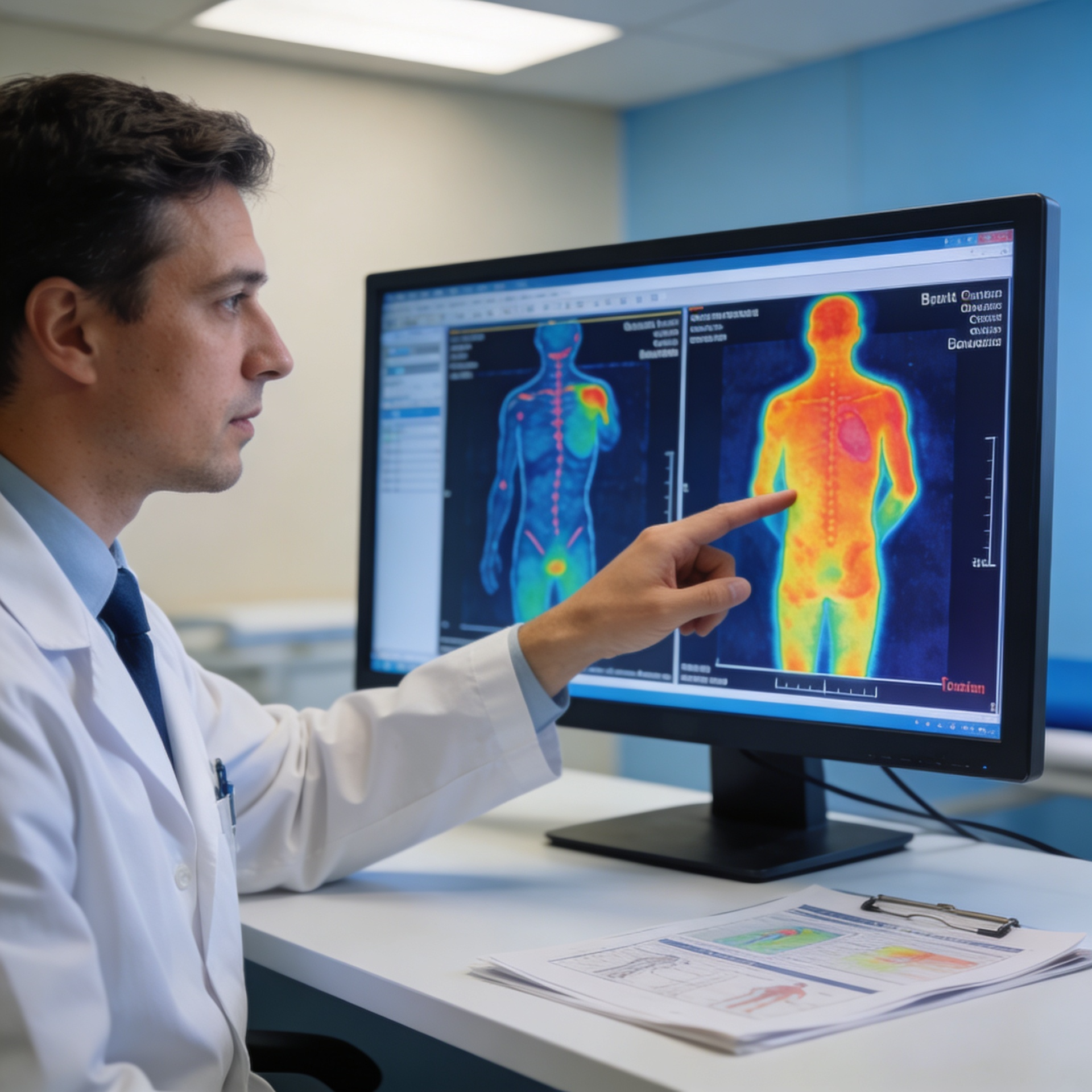 Doctor pointing at a thermal body scan on a computer monitor in a clinic office
