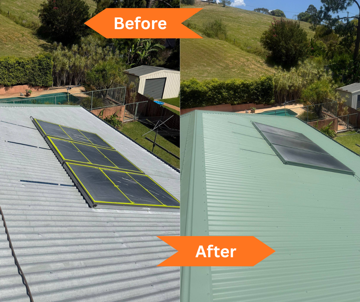 Before-and-after rooftop solar panel installation on a corrugated metal roof, with orange labels. Before-and-after rooftop solar panel installation on a corrugated metal roof, with orange labels.