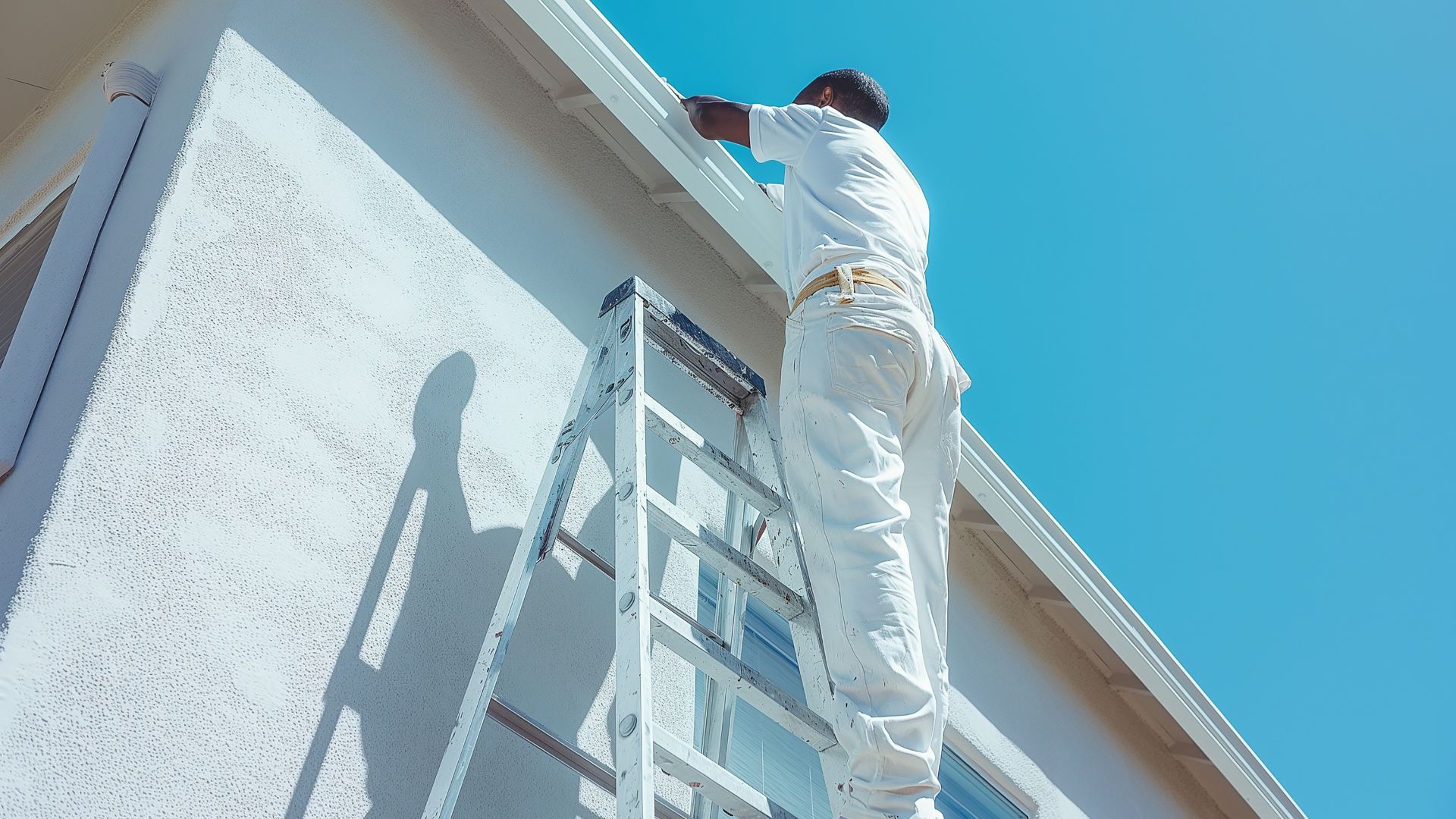 Person in white climbs a ladder to paint a building wall against a blue sky