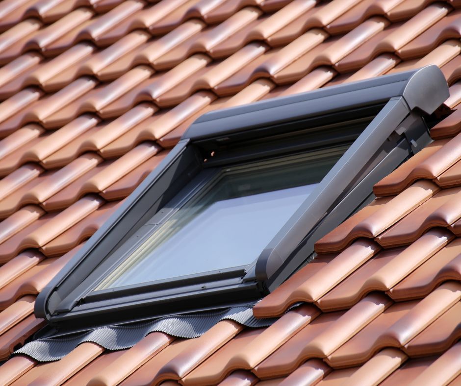 Black skylight window on a red tiled roof