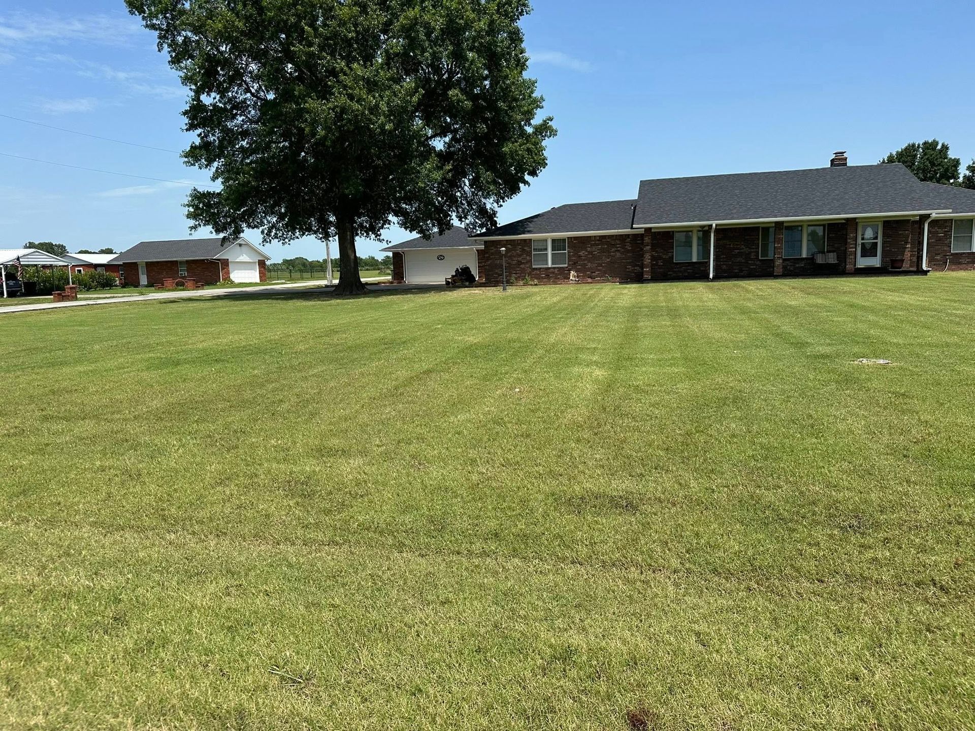 Green grassy yard with a brick house and a large tree under a blue sky.