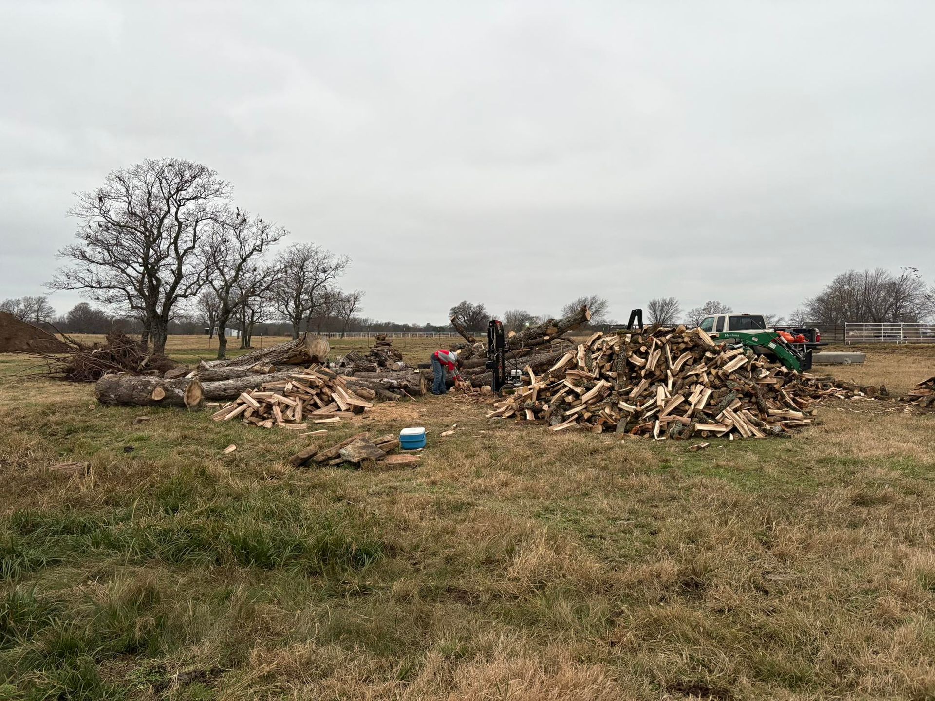 A field with a large pile of split firewood, scattered logs, and a green tractor under an overcast sky.