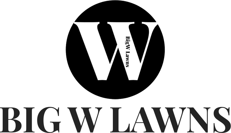 Logo for Big W Lawns: Black circle with large white "W"; text "Big W Lawns" below.