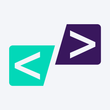 A green and purple square with a white v on it.