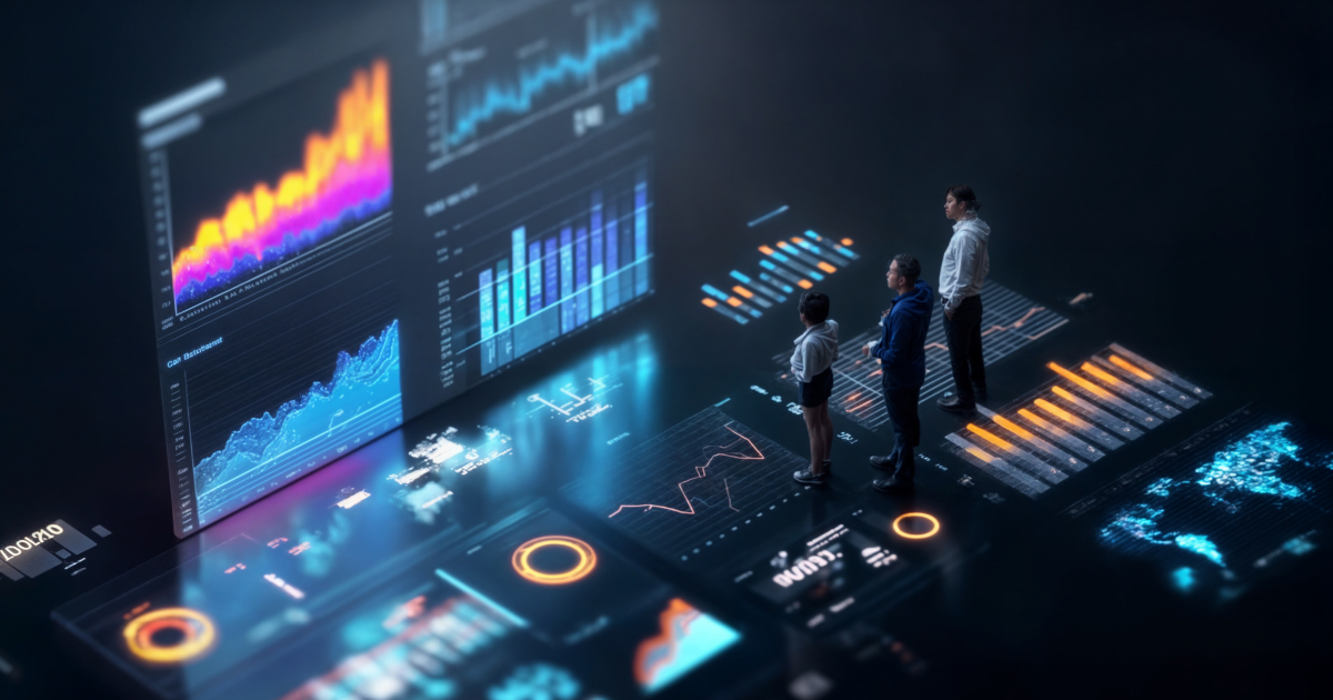 Three people stood around projections of statistics