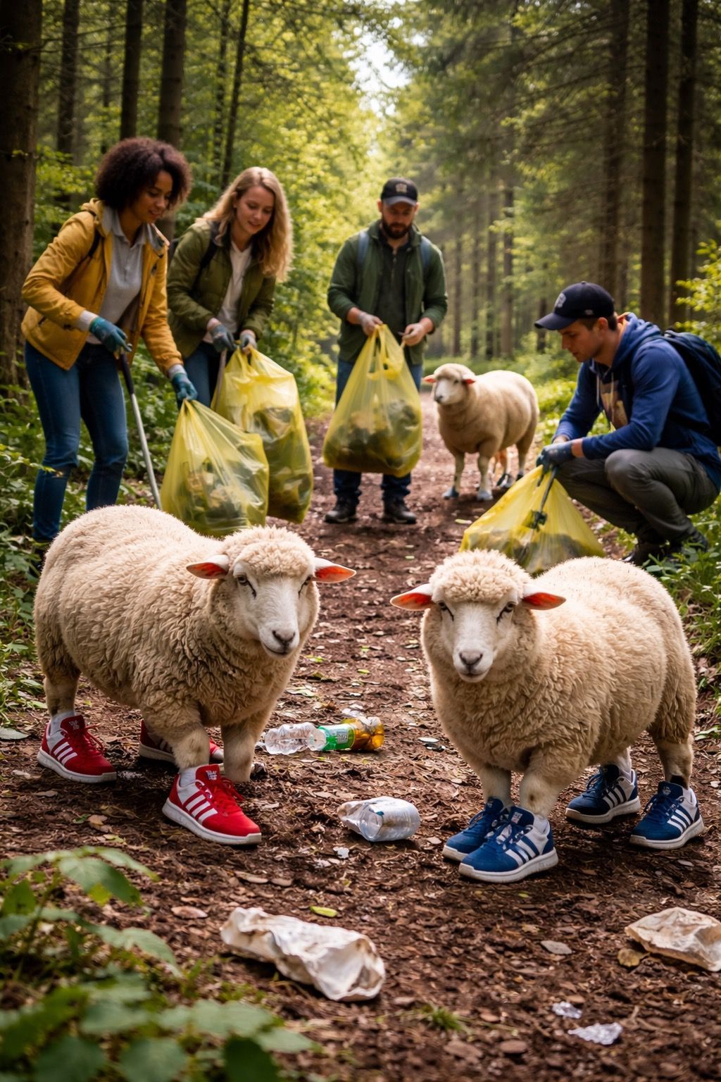 AI generated image og people litter picking in a forest with 3 sheep wearing adidas shoes