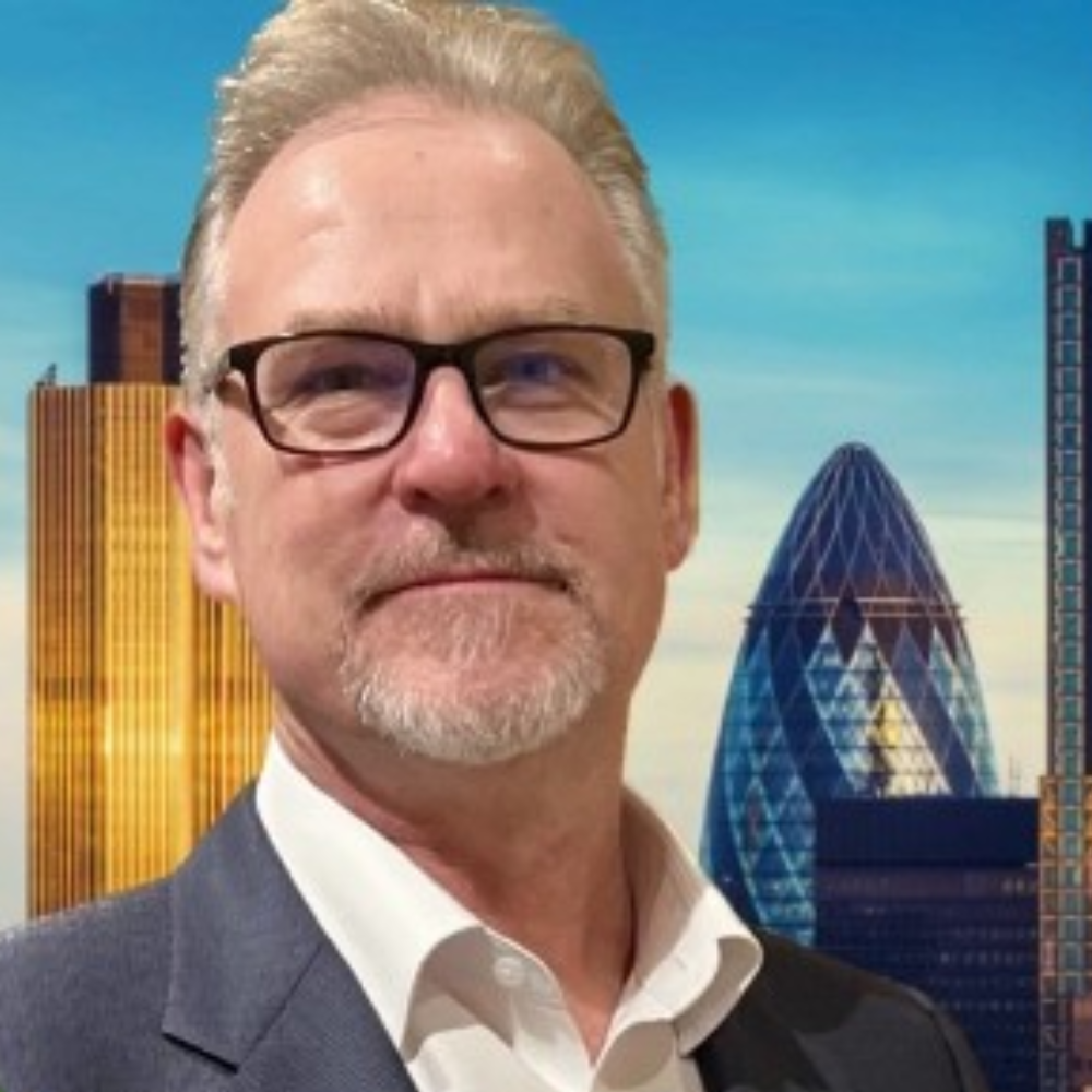 Heat shot of white male in front of city of london