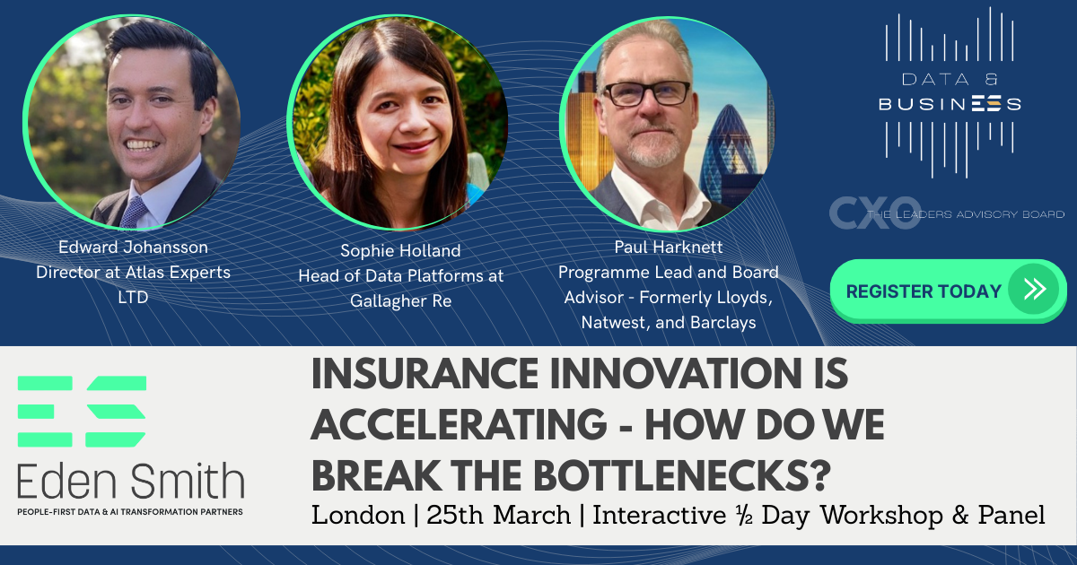 Event banner for an insurance innovation workshop on March 25th in London, featuring three speakers and a registration button.