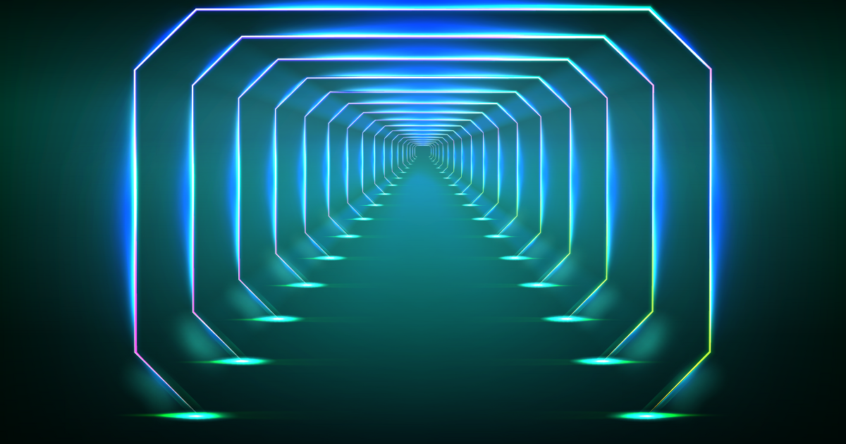 Neon blue and green tunnel with geometric shapes receding into the distance.