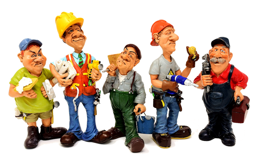 A cartoon picture of some key tradesmen who are typically involved in a home renovation project.