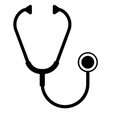 A black and white silhouette of a stethoscope on a white background.