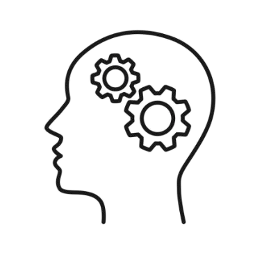 A line drawing of a person 's head with gears in it.