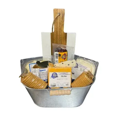Cheese and cracker gift basket with wooden handle.
