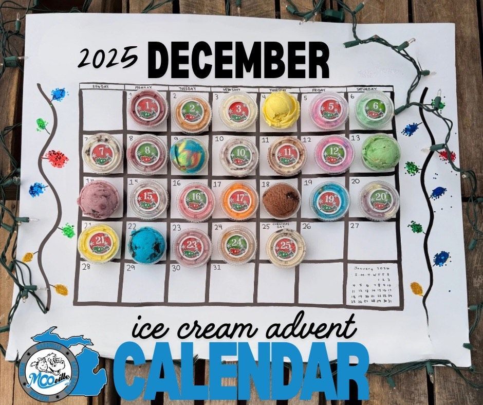 Ice cream advent calendar for December 2025. Colorful ice cream scoops in small containers, laid out like calendar days.