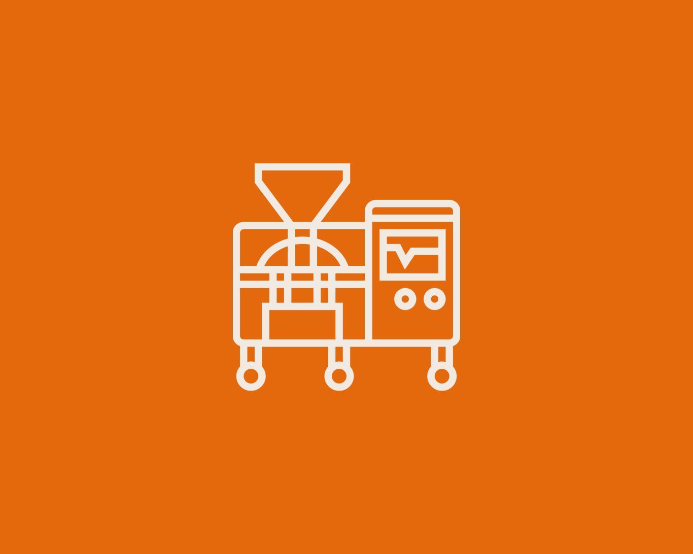 Desenho linear branco de uma máquina industrial sobre um fundo laranja.