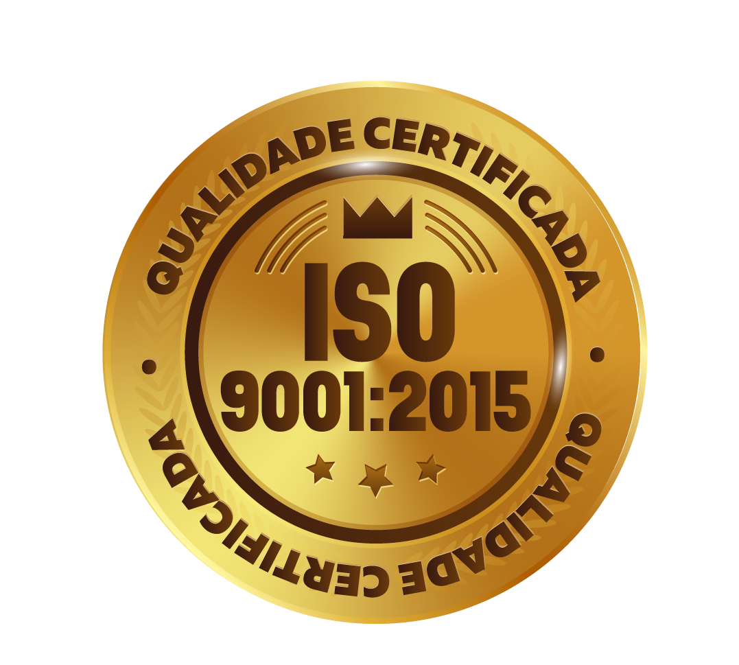 Gold ISO 9001:2015 certification seal with crown and text