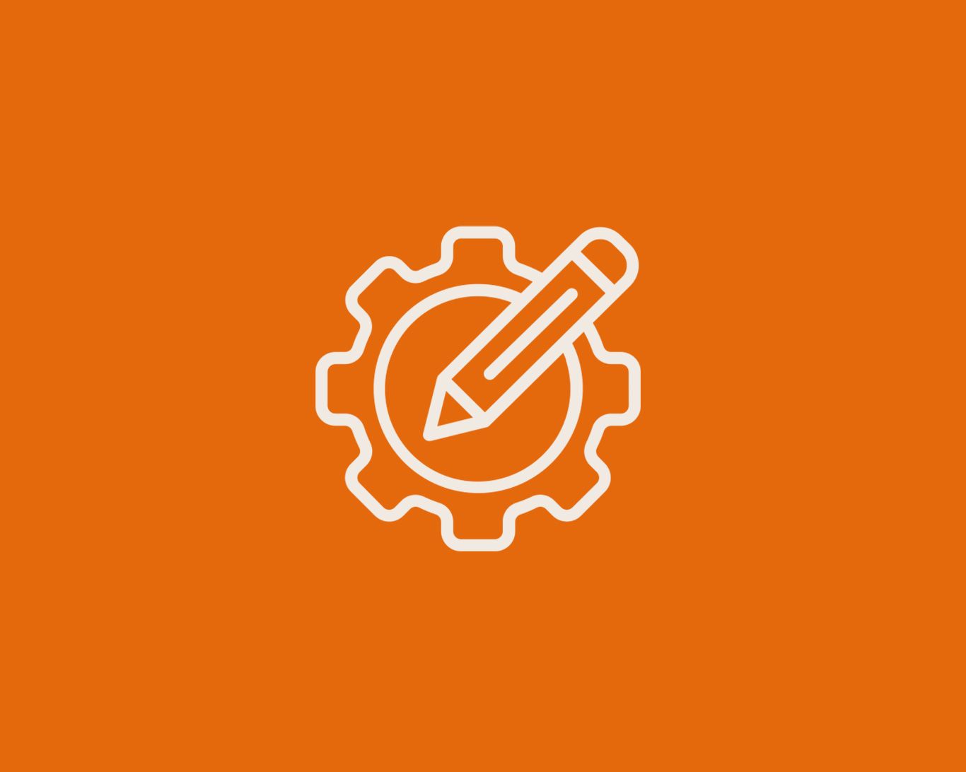 Um lápis branco sobreposto a um ícone de engrenagem em um fundo laranja.