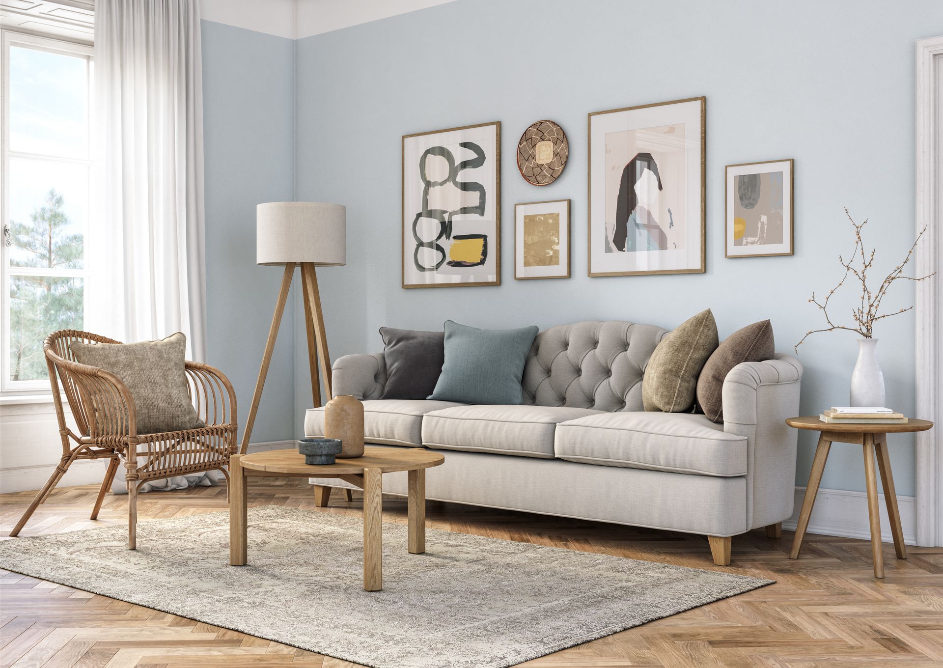 Living Room photo with a white couch against a light blue wall