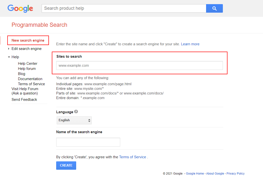 This image show the Programmable Search page from Google highlighting the 'New search engine' menu option as well as the 'Sites to search' field in which you enter your website's url.