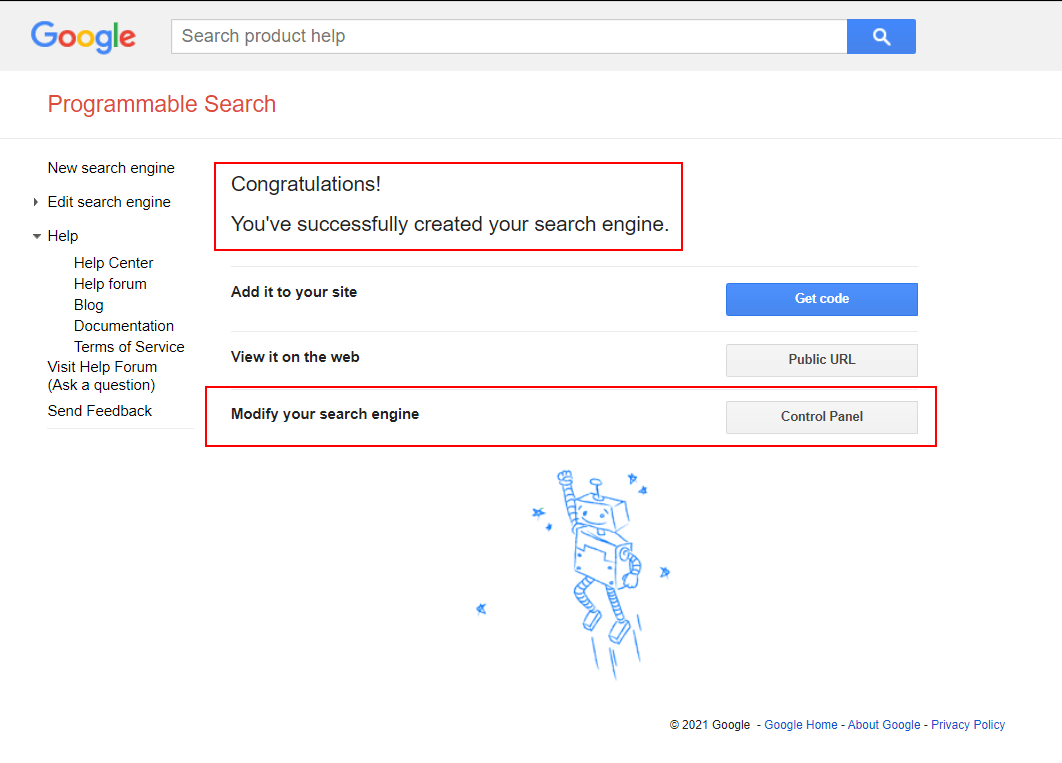 This image show's Google's Programmable Search page and shows an acknowledgement message after you have entered and submitted your website url. The message reads 