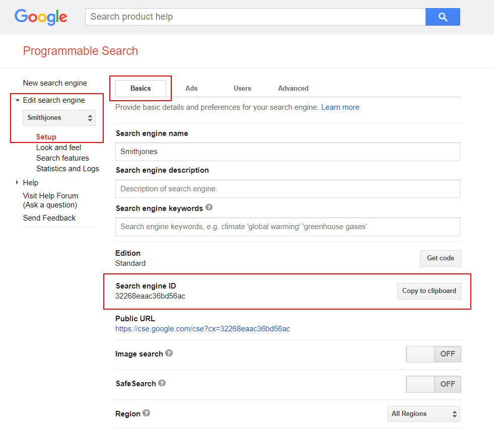 This image show's Google's Programmable Search page after clicking on the ‘Control Panel’ button to get to the set up page. It highlights the ‘Basics’ tab and the Search Engine ID.