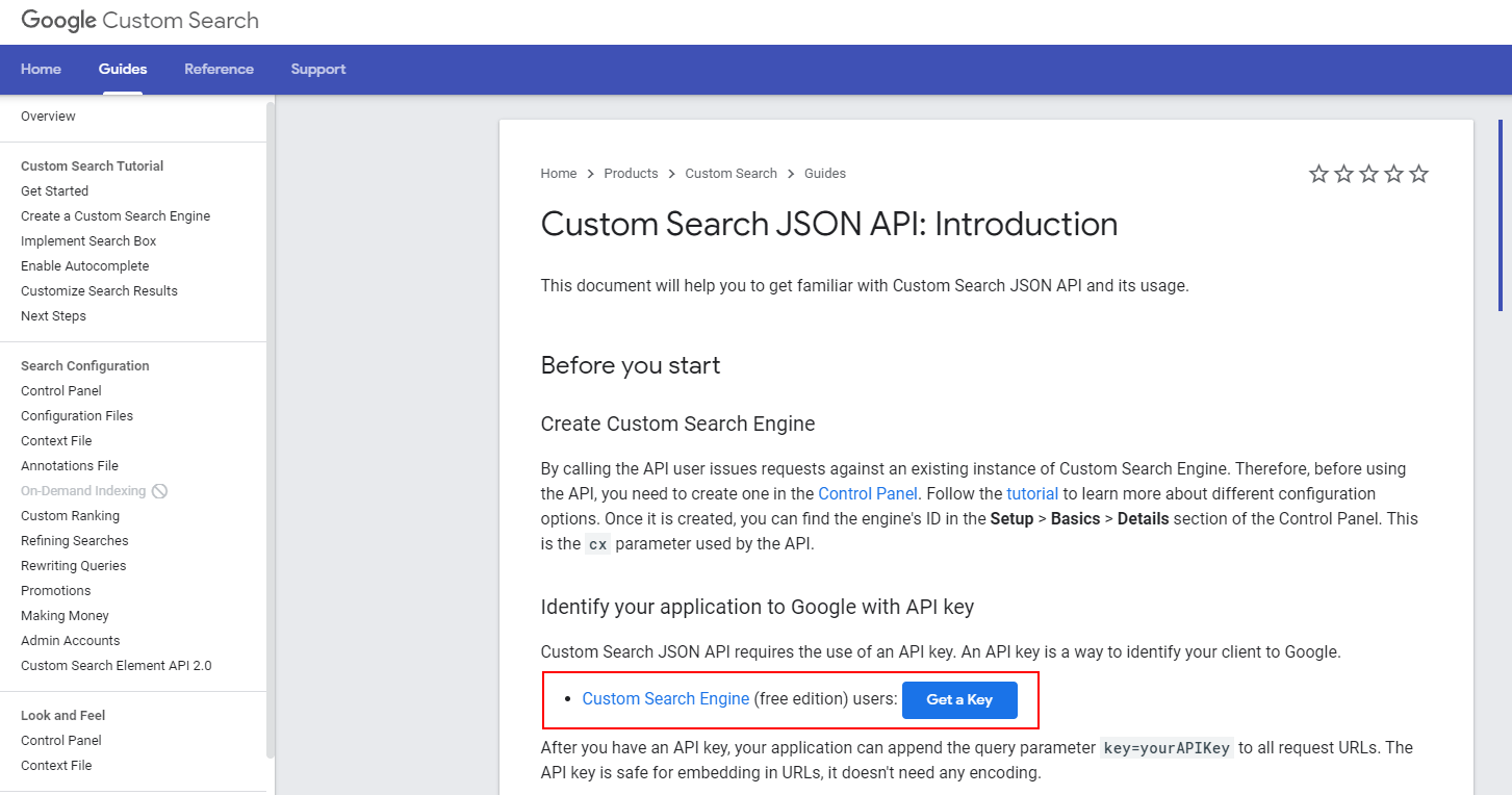 This image shows the JSON API Introduction page within the Google Custom Search set up. It highlights the Custom Search Engine 'Get a Key' button.