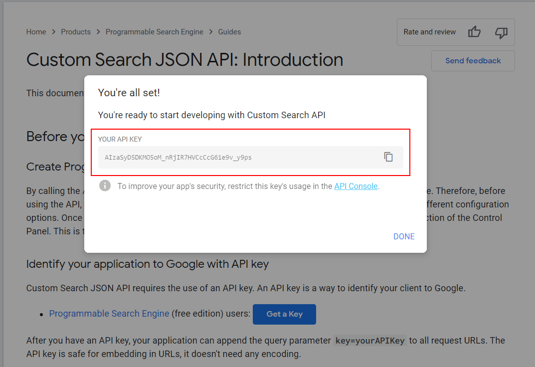This image shows the confirmation message after setting up the JSON API. It highlights the generated API key.