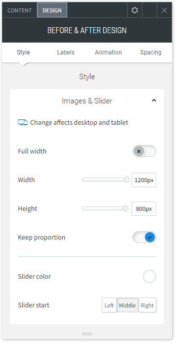 The DESIGN tab options of the Before & Afte widget.