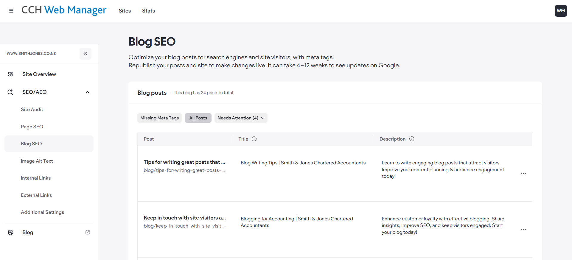 Blog SEO settings, CCH Web Manager - websites for accountants